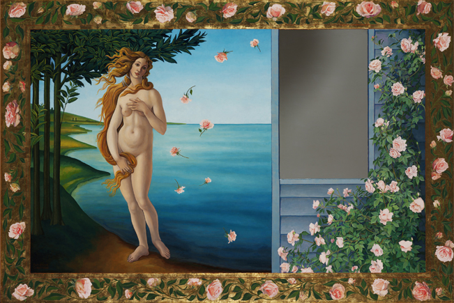 Catherine Christiano, Myth and Reality, oil and metal leaf on panel with mirror, 37 1/4 x 55 3/4 inches, 2007 - 2009. Photo credit: Paul Mutino. Collection of the artist.