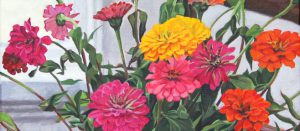 Catherine Christiano, Zinnias (detail), 2015, oil on panel, 11 1/2 x 11 1/2 inches.